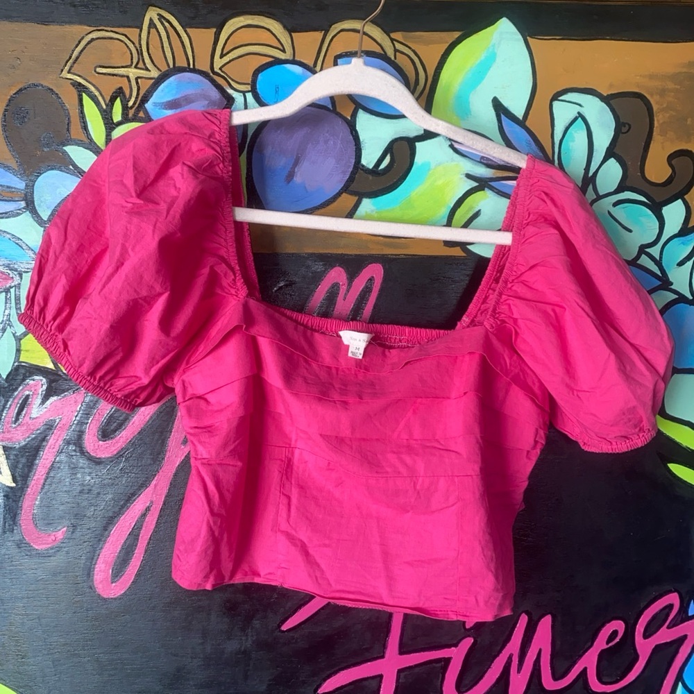 Sim & Sam Squareneck Short Puff Sleeve Crop Top Hot Pink Size Medium